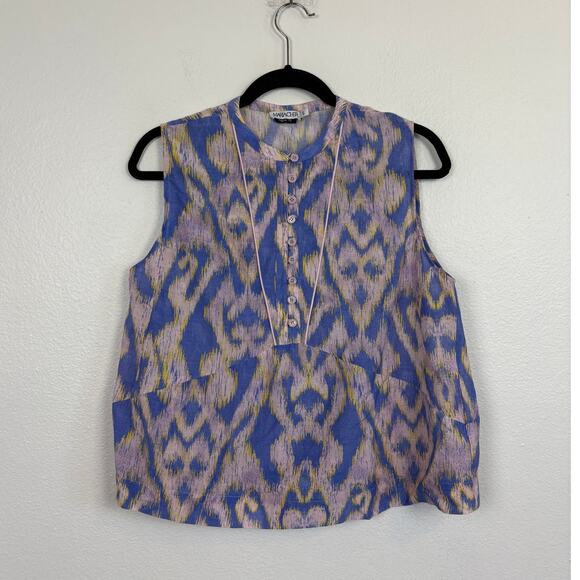 MARIACHER. Ethnic Lavender Print Button Front Silk Cotton Sleeveless Blouse S - Picture 1 of 4